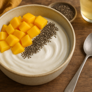Bol de yaourt végétal – mangue – graines de chia