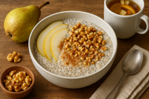 Porridge vivant poire–vanille–noix