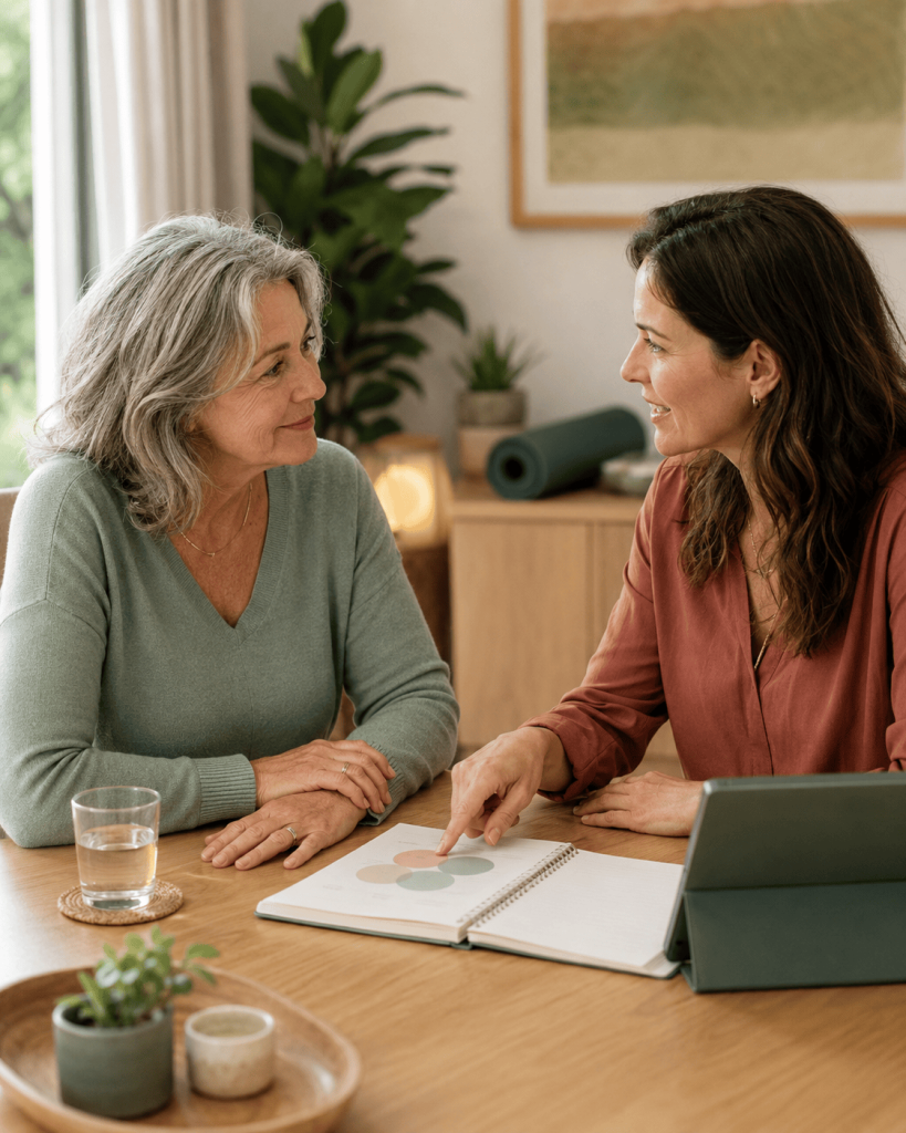 Femme senior échangeant avec une coach lors d’un accompagnement personnalisé consacré à sa vitalité et à son bien-être.