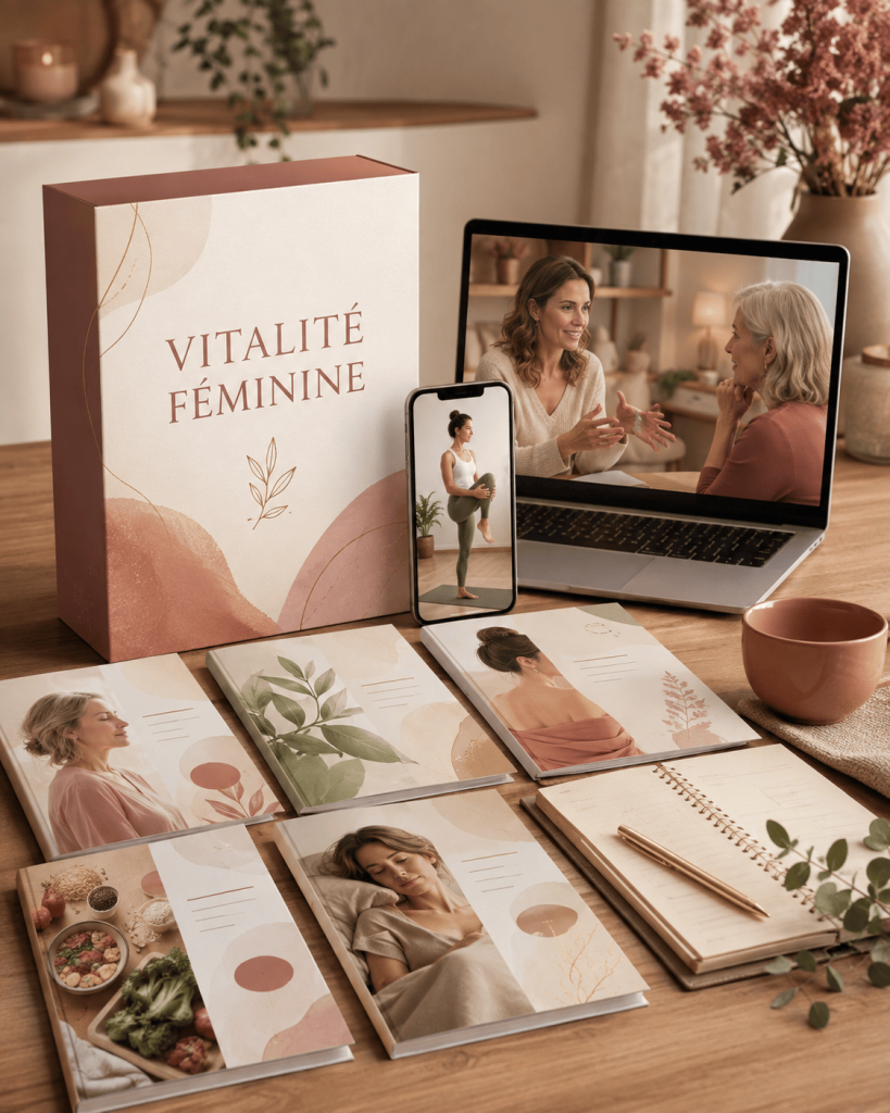 Pack Vitalité Féminine comprenant des guides bien-être, des vidéos d’exercices et un accompagnement individuel en visioconférence.
